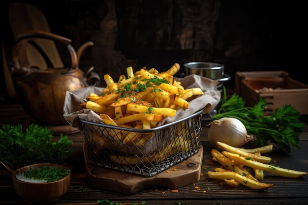 Basket of golden fries with fresh herbs and spices created with generative ai