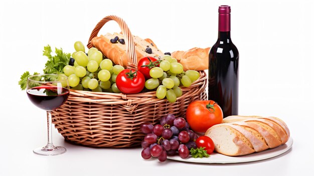 Photo a basket of grapes a bottle of wine and a basket of bread