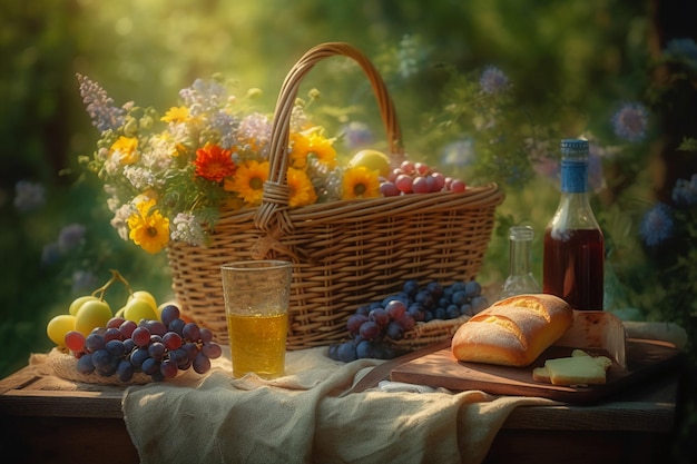 A basket of grapes and a bread on a table