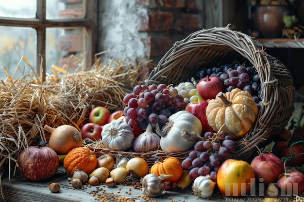 a basket of grapes grapes and corn is on a table