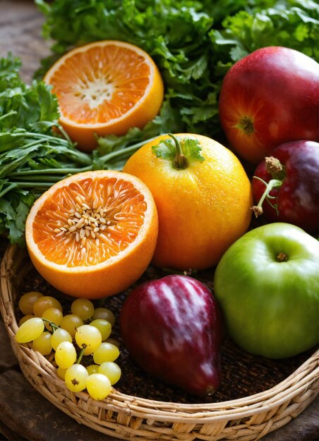 a basket of grapes grapes and oranges are on a table