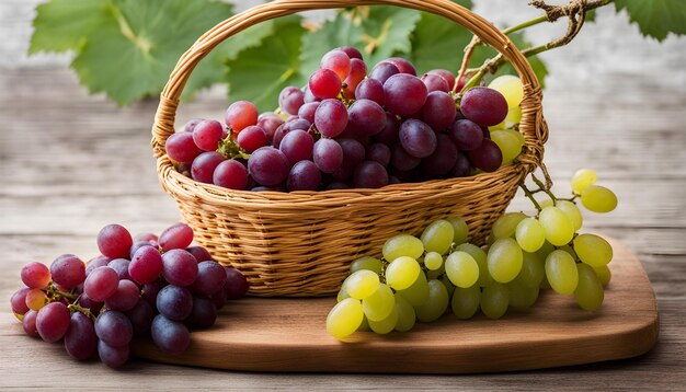 a basket of grapes and grapes with a basket of grapes