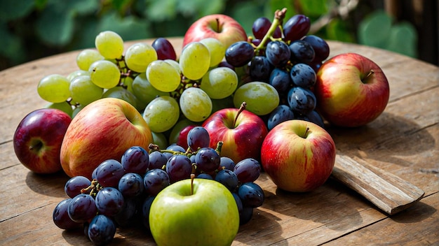 a basket of grapes and plums with red apples and a green apple