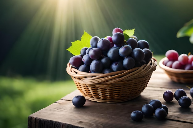 A basket of grapes on a table with a green background