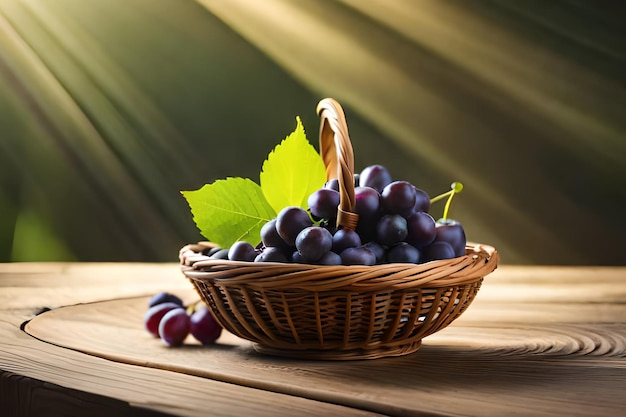 A basket of grapes on a table with a green leaf.