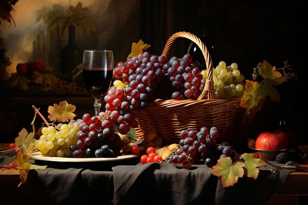 a basket of grapes on a table with wine glasses