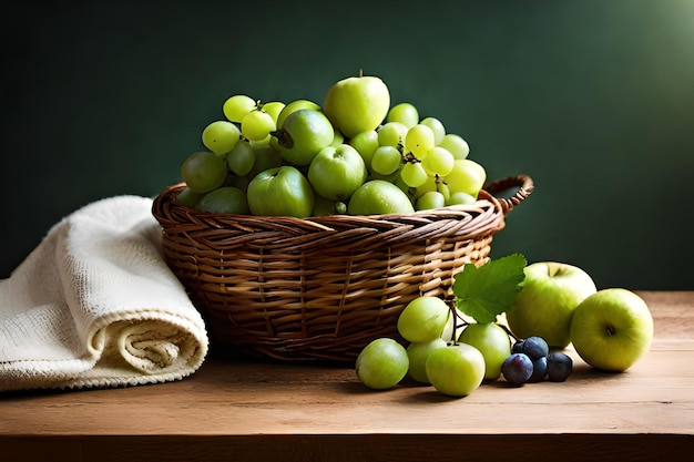 A basket of grapes and a towel on a table