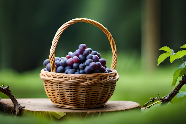 A basket of grapes on a tree stump