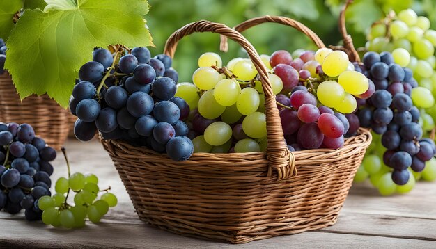 a basket of grapes with grapes in it and a basket with grapes in it