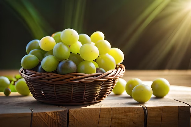 a basket of grapes with the sun shining on the background