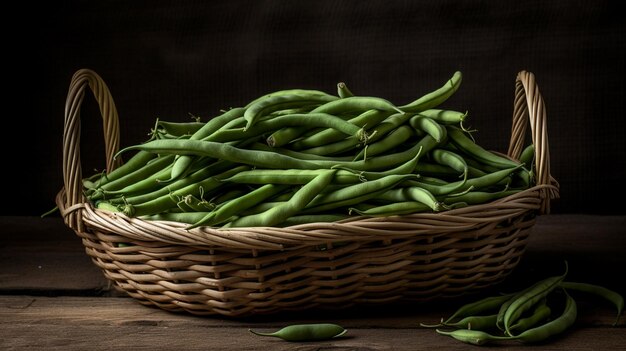 A basket of green beans sits on a table.