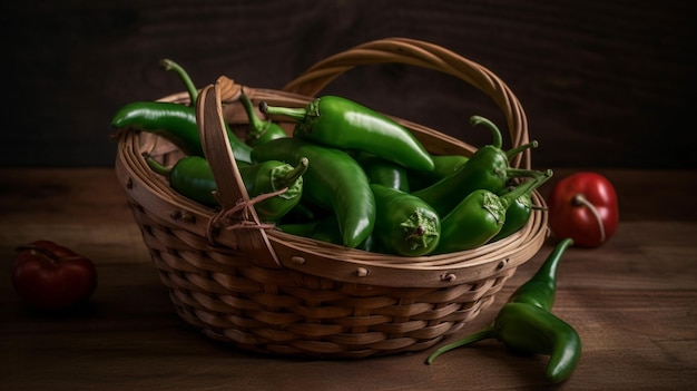 A basket of green chili peppers sits on a table.