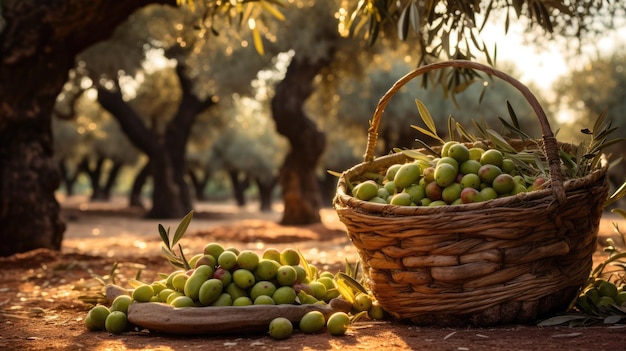 Basket of green olives in olive grove at sunset