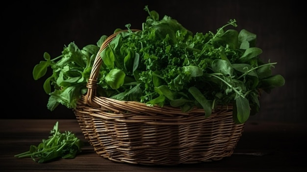 A basket of green vegetables on a dark background