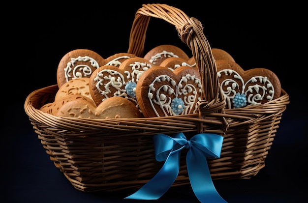 a basket and heart cookie with two cookies in the style of deutscher werkbund