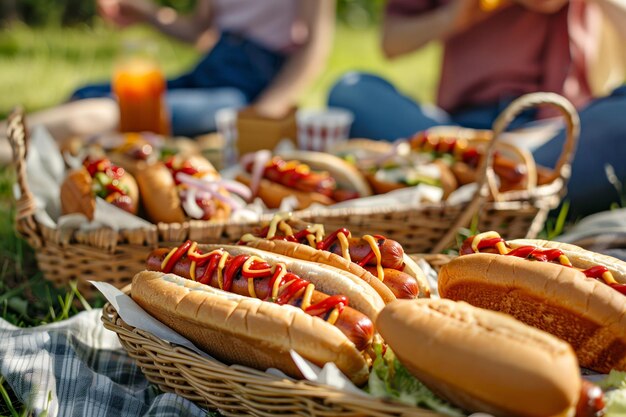 Photo a basket of hot dogs with mustard and ketchup on a picnic blanket