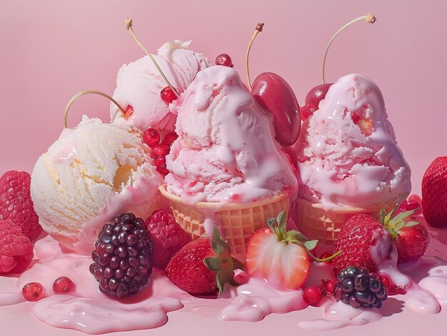 a basket of ice cream with a strawberries in it