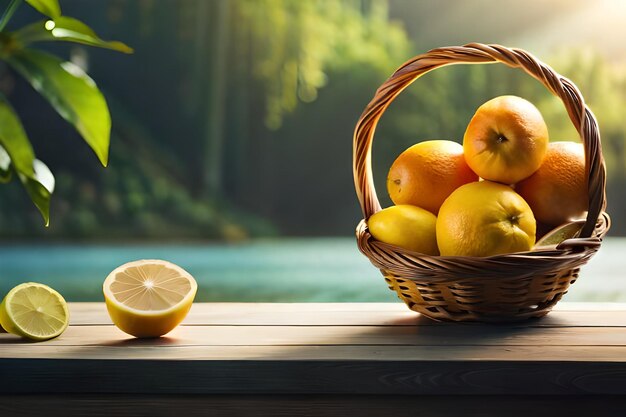 a basket of lemons and lemons on a table.