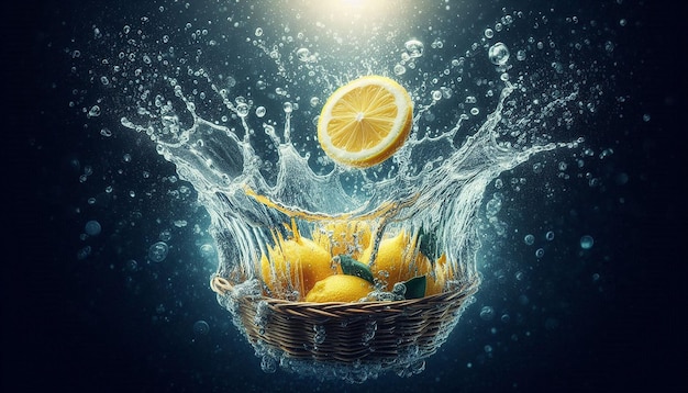 a basket of lemons and lemons with water splashing in the background