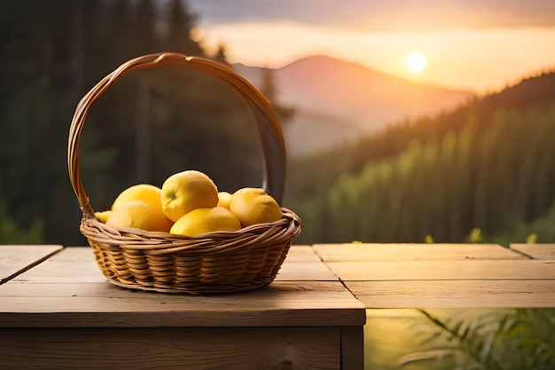 Basket of lemons on a table with a sunset in the background