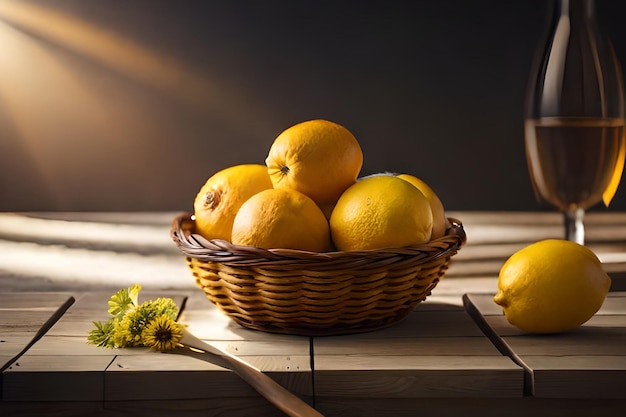 A basket of lemons on a table with a yellow flower in the background