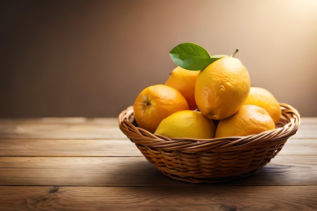 A basket of lemons with a green leaf on the top.