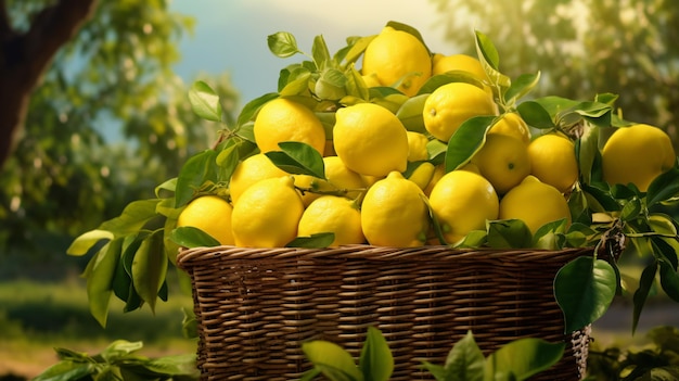 a basket of lemons with leaves and lemons