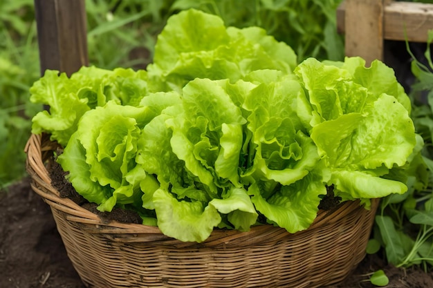 A basket of lettuce is shown in a garden