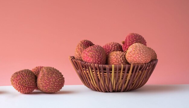 Photo a basket of lychee fruit sits next to a pink background.