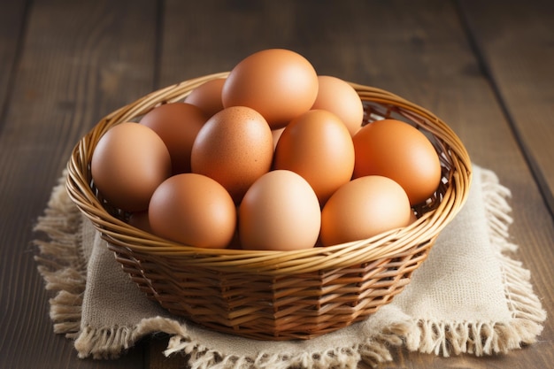 Basket made of wicker filled with organic chicken eggs