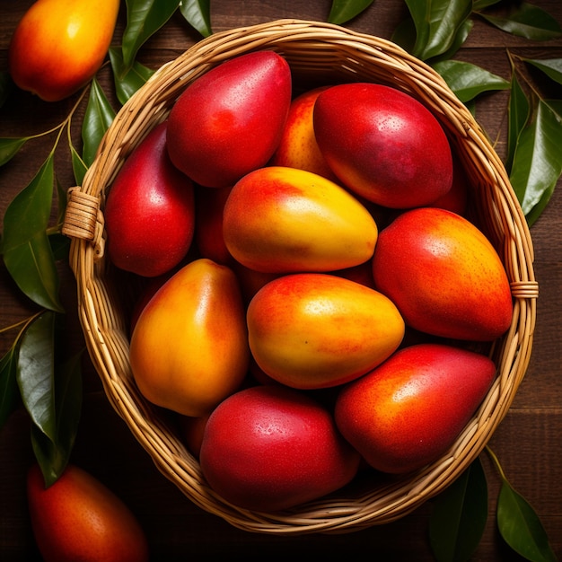 a basket of mangoes with leaves and leaves on a table