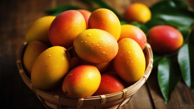 A basket of mangoes on a wooden table