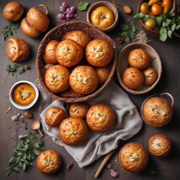 a basket of muffins with a basket of fruit on the table