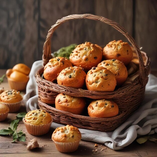 a basket of muffins with a bunch of bread in the middle