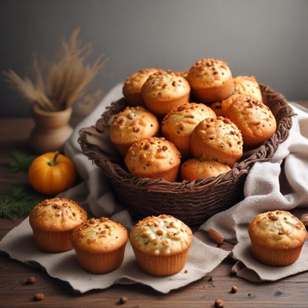 a basket of muffins with a pumpkin on the top