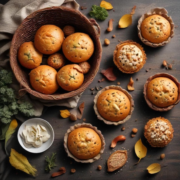 a basket of muffins with seeds on a table