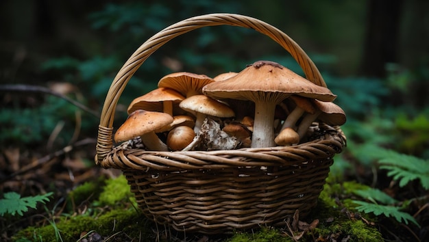 A basket of mushrooms in a sunny meadow Summer photo landscape