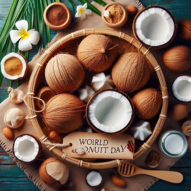 a basket of nuts and coconuts with a sign that says world day on it