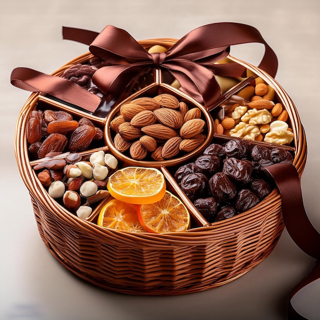 a basket of nuts nuts and oranges are on a table