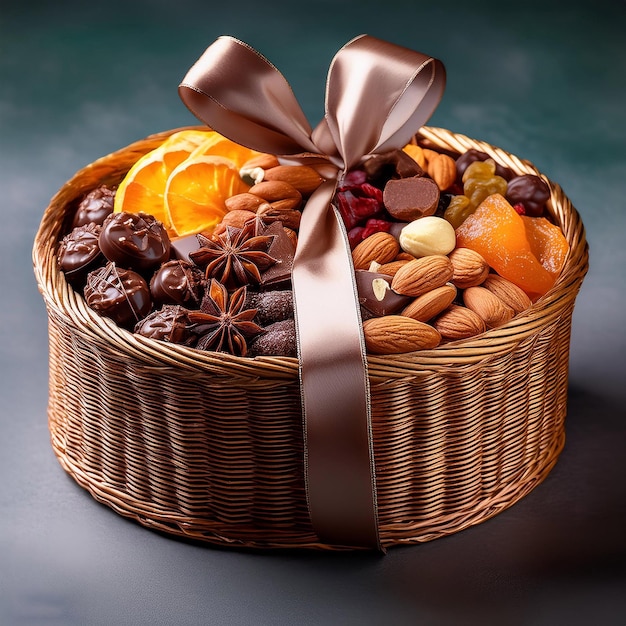 a basket of nuts nuts and oranges are on a table