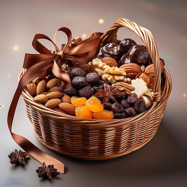 a basket of nuts nuts and oranges are on a table