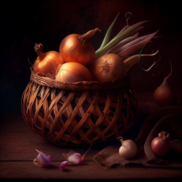 A basket of onions and other vegetables sits on a wooden surface.