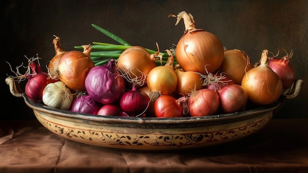 a basket of onions with a basket of onions on a table