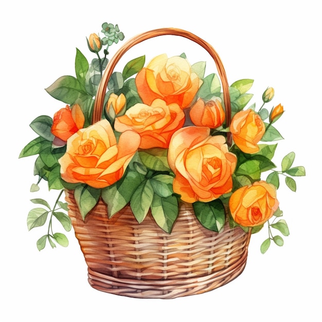 A basket of orange roses with green leaves