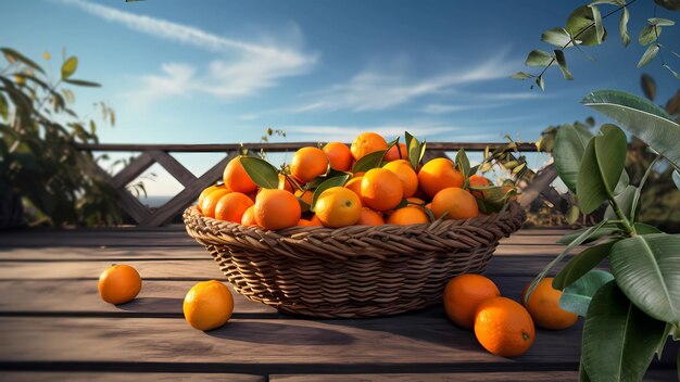 A basket of oranges on a deck with a blue sky in the background