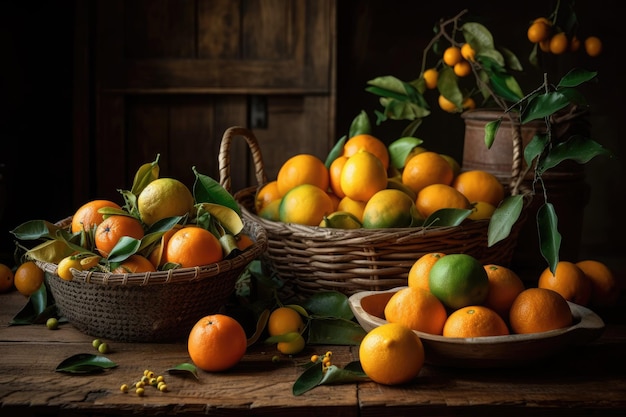 A basket of oranges and other fruits on a table Generative AI