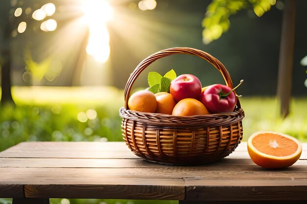 Basket of oranges on a table with a sun shining behind it