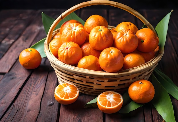 a basket of oranges with a basket of oranges on a wooden table