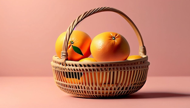 A basket of oranges with a green leaf on it