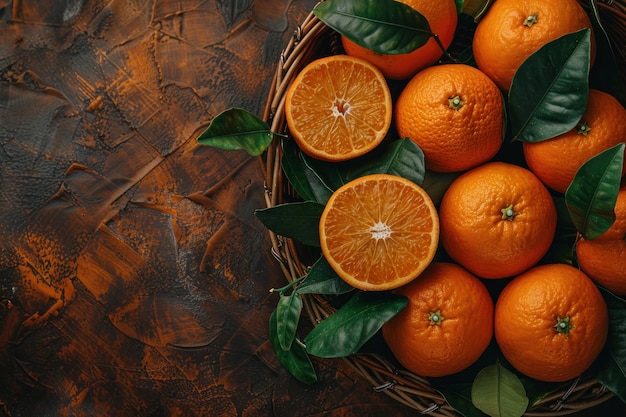 Basket of Oranges with Green Leaves on a Rustic Brown Background